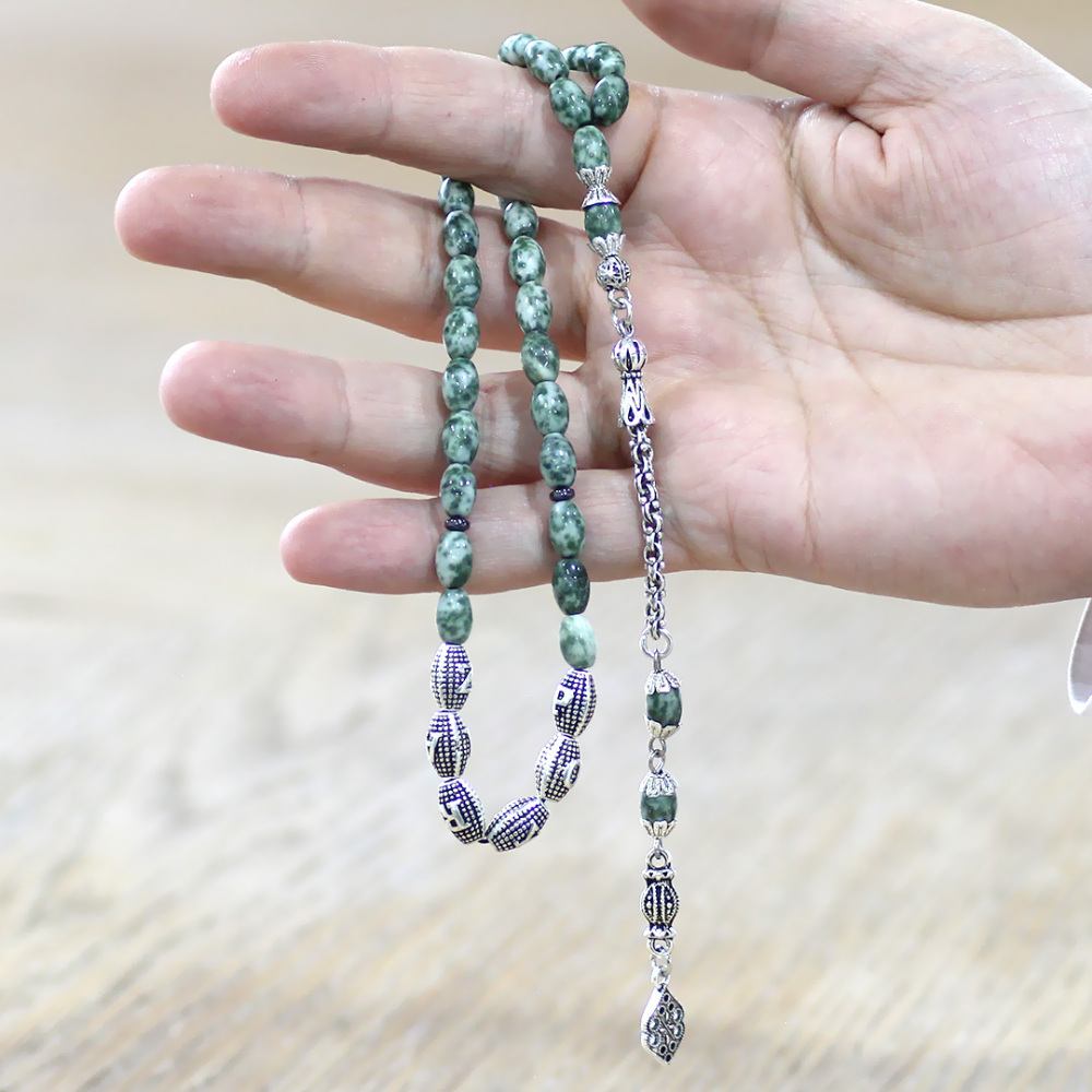 Doğaltaş Jasper Tesbih - Kararmaz Metal Arnavut Püsküllü - Kişiye Özel İsim Yazılı - Arpa Kesim - 2