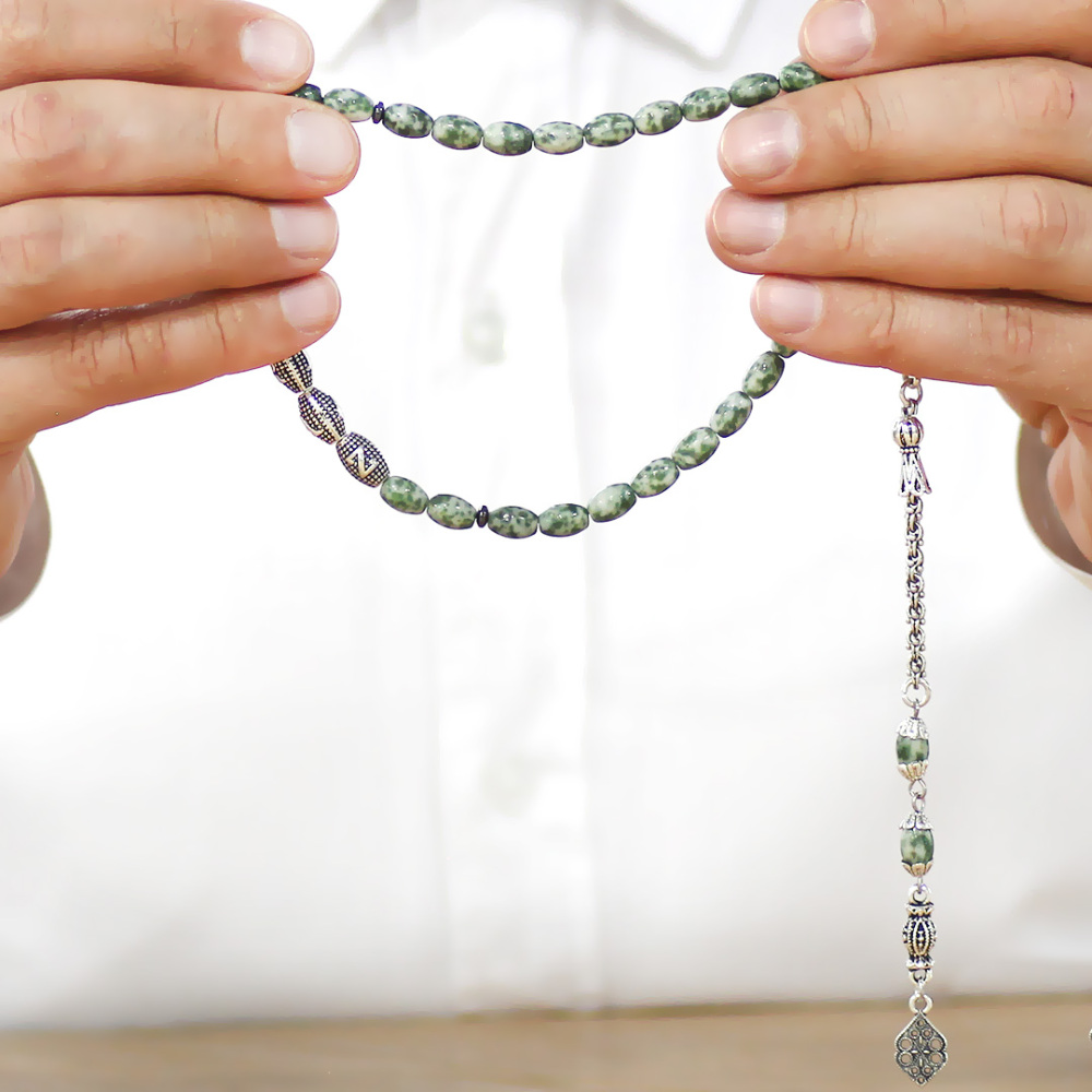 Doğaltaş Jasper Tesbih - Kararmaz Metal Arnavut Püsküllü - Kişiye Özel İsim Yazılı - Arpa Kesim - 3