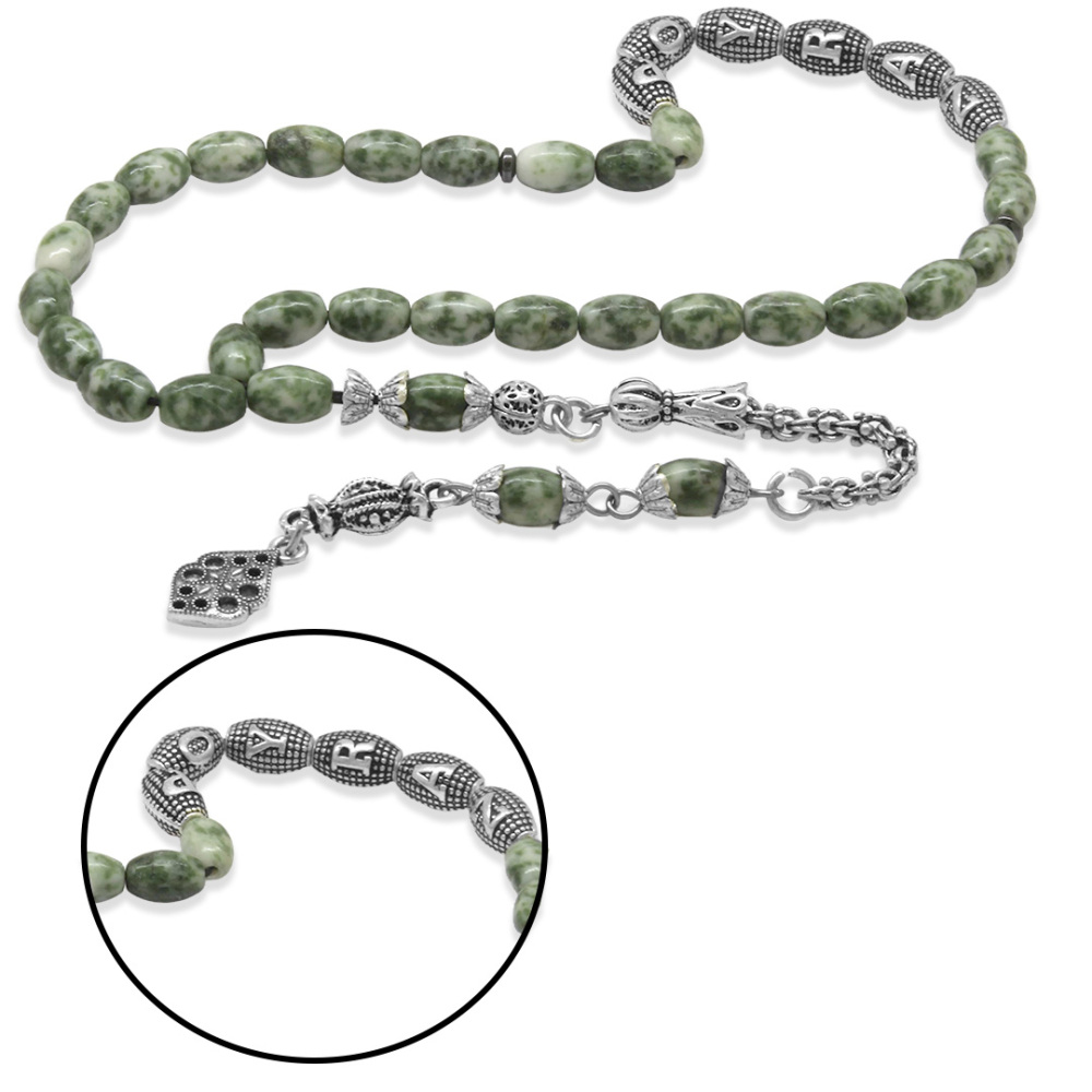 Doğaltaş Jasper Tesbih - Kararmaz Metal Arnavut Püsküllü - Kişiye Özel İsim Yazılı - Arpa Kesim - 4