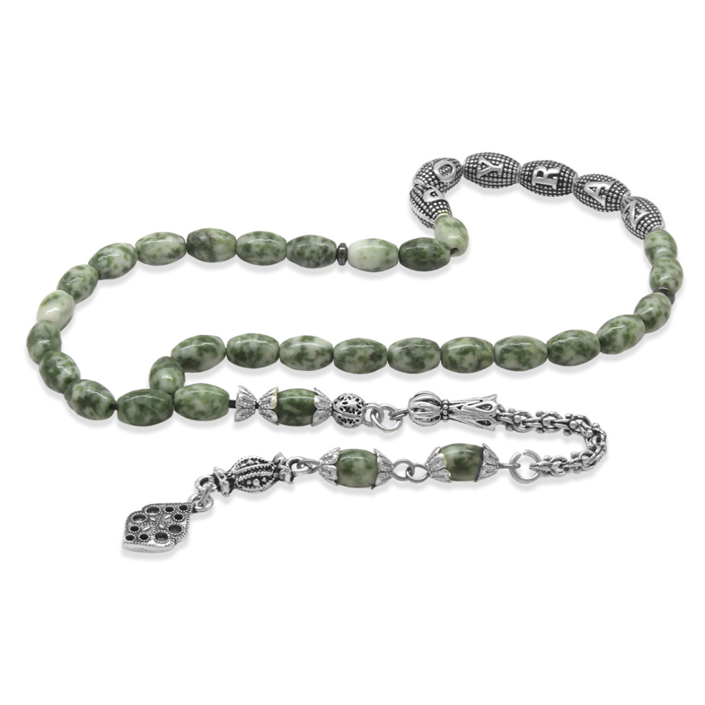 Doğaltaş Jasper Tesbih - Kararmaz Metal Arnavut Püsküllü - Kişiye Özel İsim Yazılı - Arpa Kesim - 5