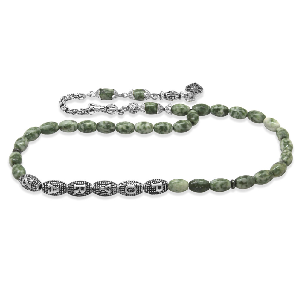 Doğaltaş Jasper Tesbih - Kararmaz Metal Arnavut Püsküllü - Kişiye Özel İsim Yazılı - Arpa Kesim - 6