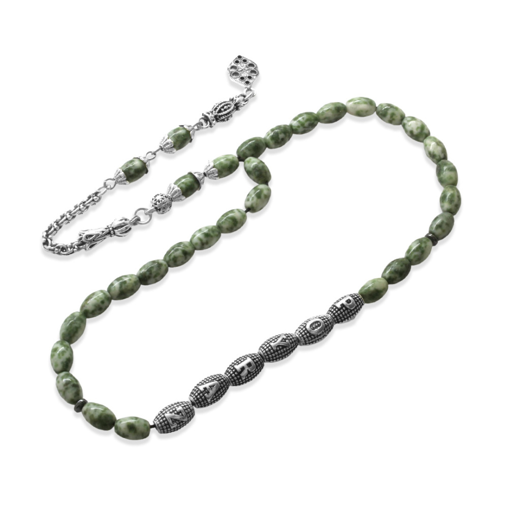 Doğaltaş Jasper Tesbih - Kararmaz Metal Arnavut Püsküllü - Kişiye Özel İsim Yazılı - Arpa Kesim - 7