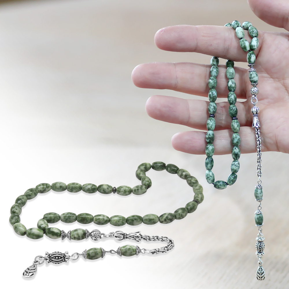 Doğaltaş Jasper Tesbih - Kararmaz Metal Arnavut Zincir Püsküllü - Çok Renkli - Arpa Kesim - 1