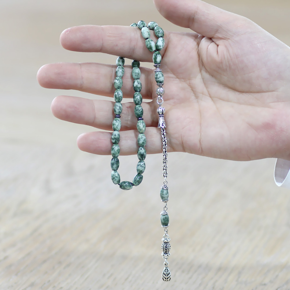 Doğaltaş Jasper Tesbih - Kararmaz Metal Arnavut Zincir Püsküllü - Çok Renkli - Arpa Kesim - 2