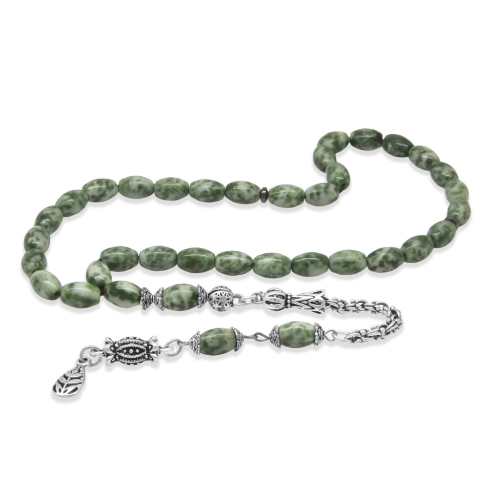 Doğaltaş Jasper Tesbih - Kararmaz Metal Arnavut Zincir Püsküllü - Çok Renkli - Arpa Kesim - 4