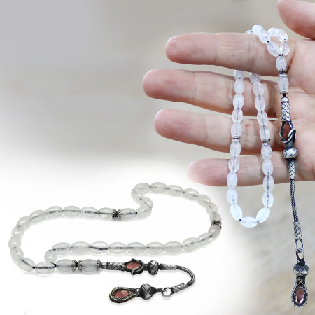 Doğaltaş Kuvars Tesbih - 1000 Ayar Gümüş Kazaz Püsküllü - Beyaz Renk - Arpa Kesim - Tesbihane