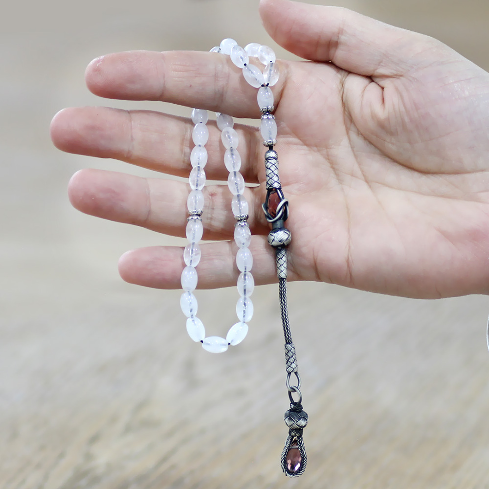 Doğaltaş Kuvars Tesbih - 1000 Ayar Gümüş Kazaz Püsküllü - Beyaz Renk - Arpa Kesim - 2