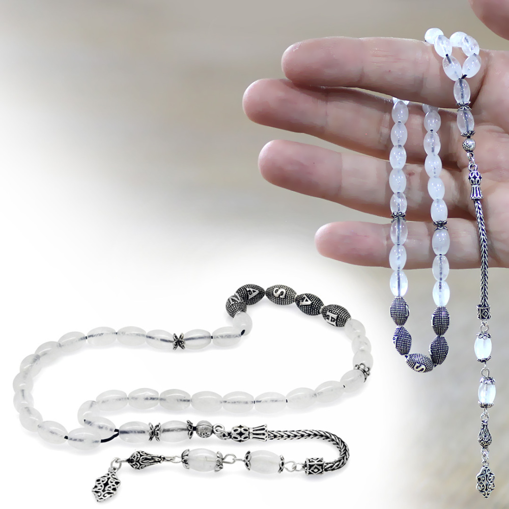 Doğaltaş Kuvars Tesbih - 925 Ayar Gümüş Püsküllü - Kişiye Özel İsim Yazılı - Beyaz Renk - Arpa Kesim - 1