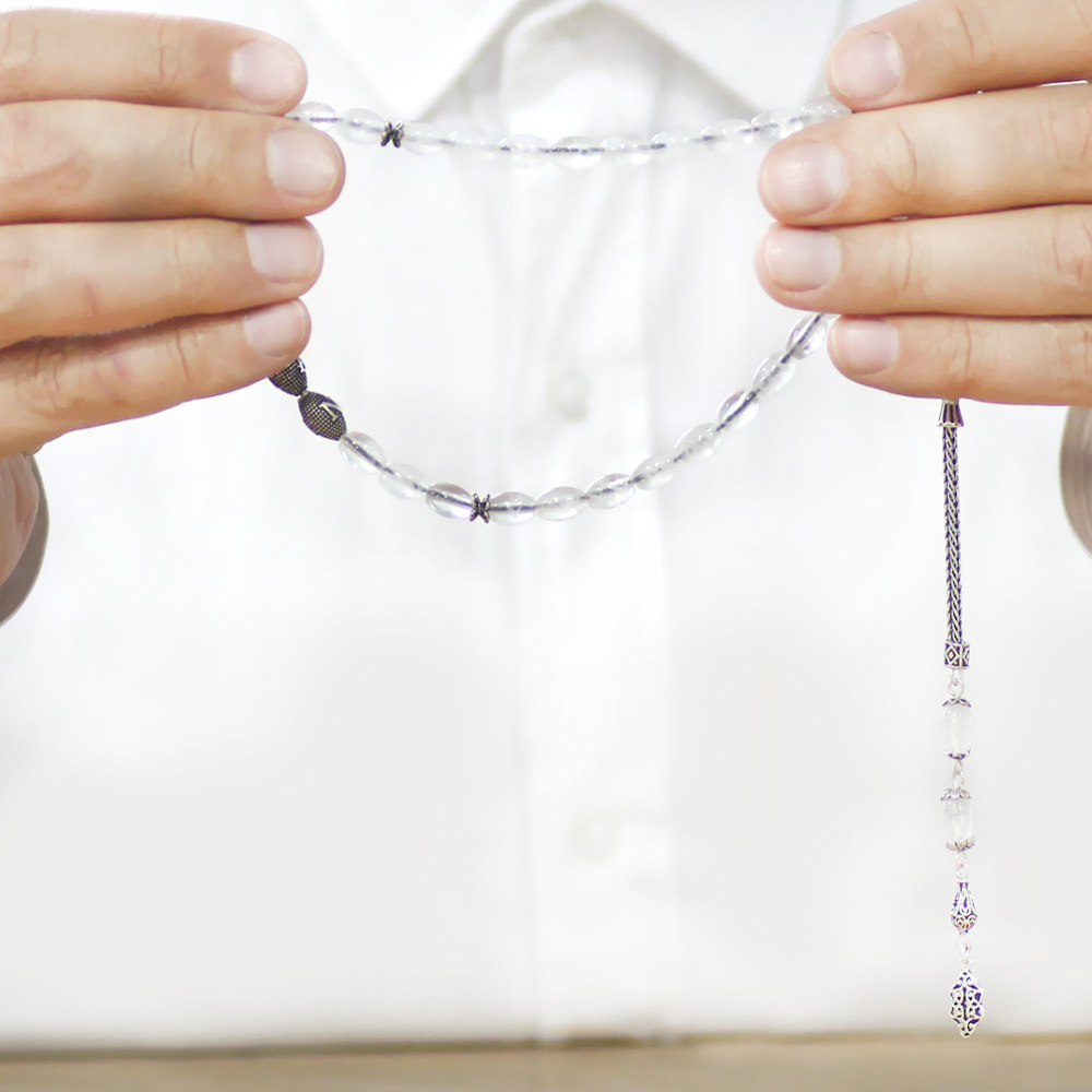 Doğaltaş Kuvars Tesbih - 925 Ayar Gümüş Püsküllü - Kişiye Özel İsim Yazılı - Beyaz Renk - Arpa Kesim - 3