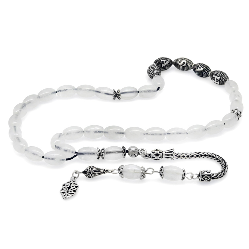 Doğaltaş Kuvars Tesbih - 925 Ayar Gümüş Püsküllü - Kişiye Özel İsim Yazılı - Beyaz Renk - Arpa Kesim - 5