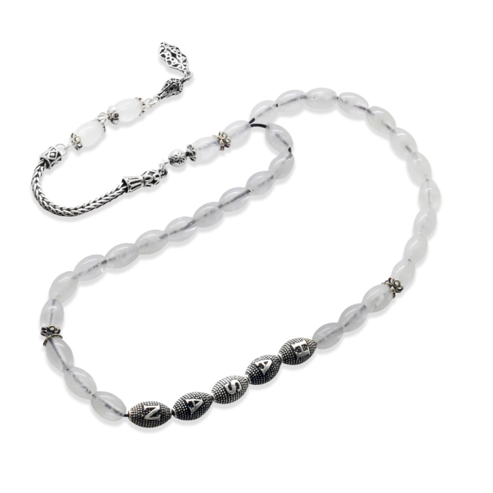 Doğaltaş Kuvars Tesbih - 925 Ayar Gümüş Püsküllü - Kişiye Özel İsim Yazılı - Beyaz Renk - Arpa Kesim - 6