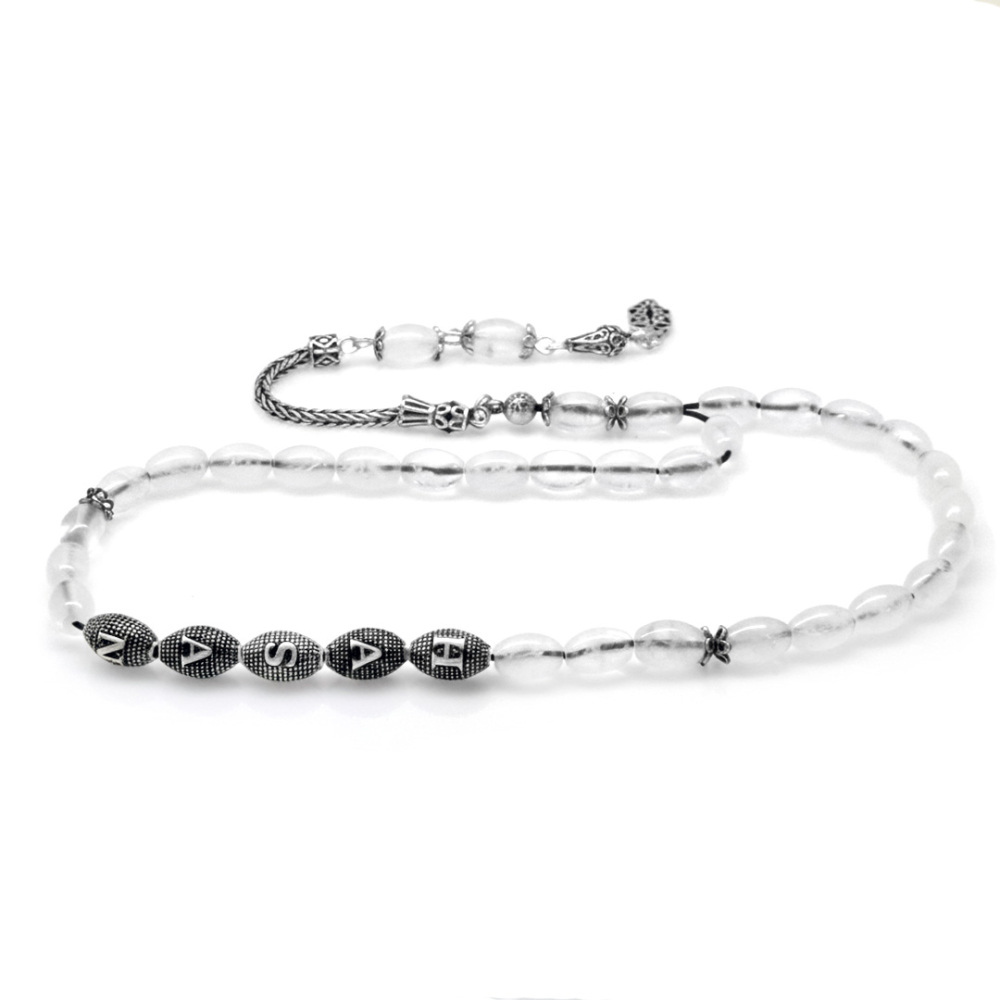 Doğaltaş Kuvars Tesbih - 925 Ayar Gümüş Püsküllü - Kişiye Özel İsim Yazılı - Beyaz Renk - Arpa Kesim - 7