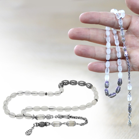 Doğaltaş Kuvars Tesbih - Kararmaz Metal Arnavut Püsküllü - Kişiye Özel İsim Yazılı - Arpa Kesim - Tesbihane