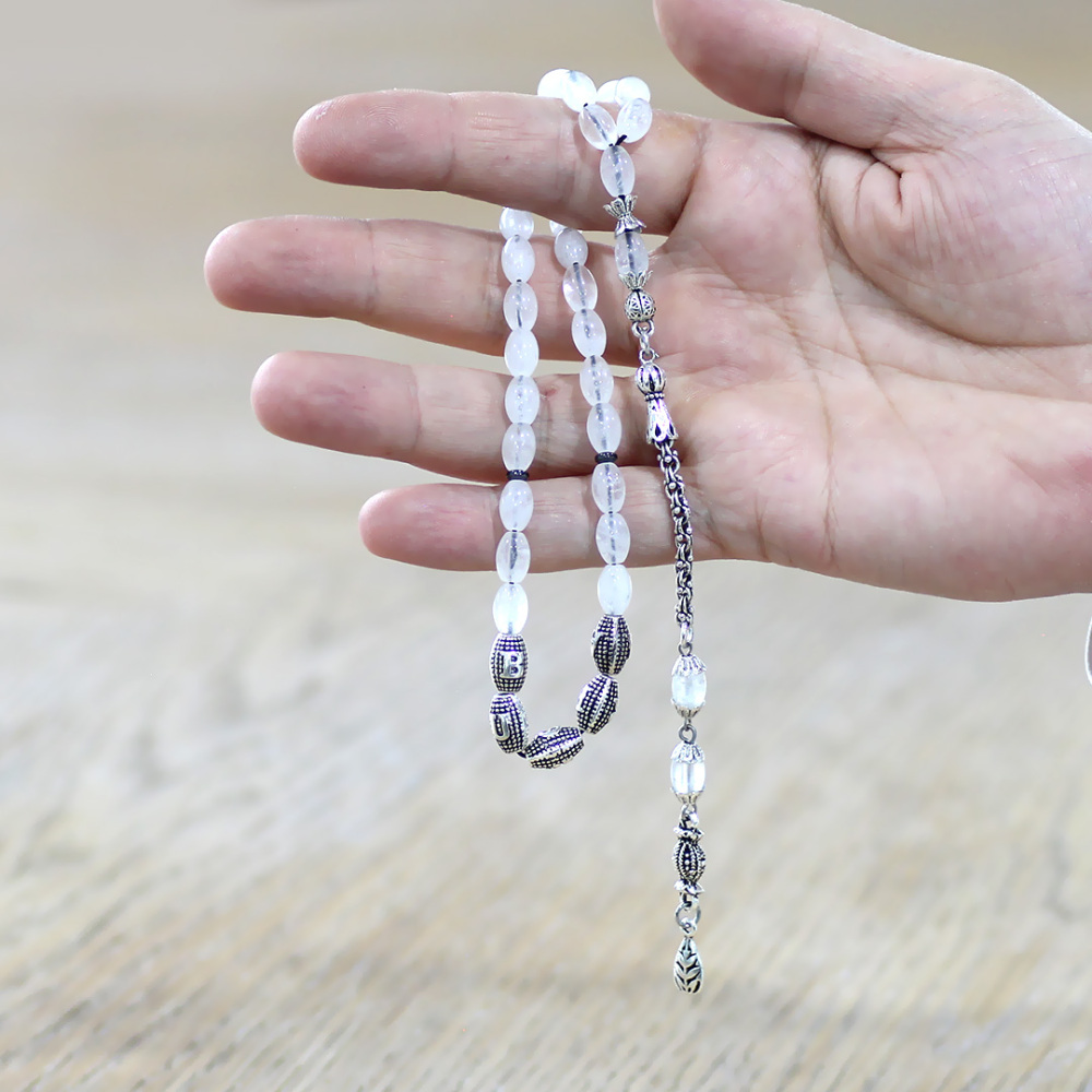 Doğaltaş Kuvars Tesbih - Kararmaz Metal Arnavut Püsküllü - Kişiye Özel İsim Yazılı - Arpa Kesim - 2