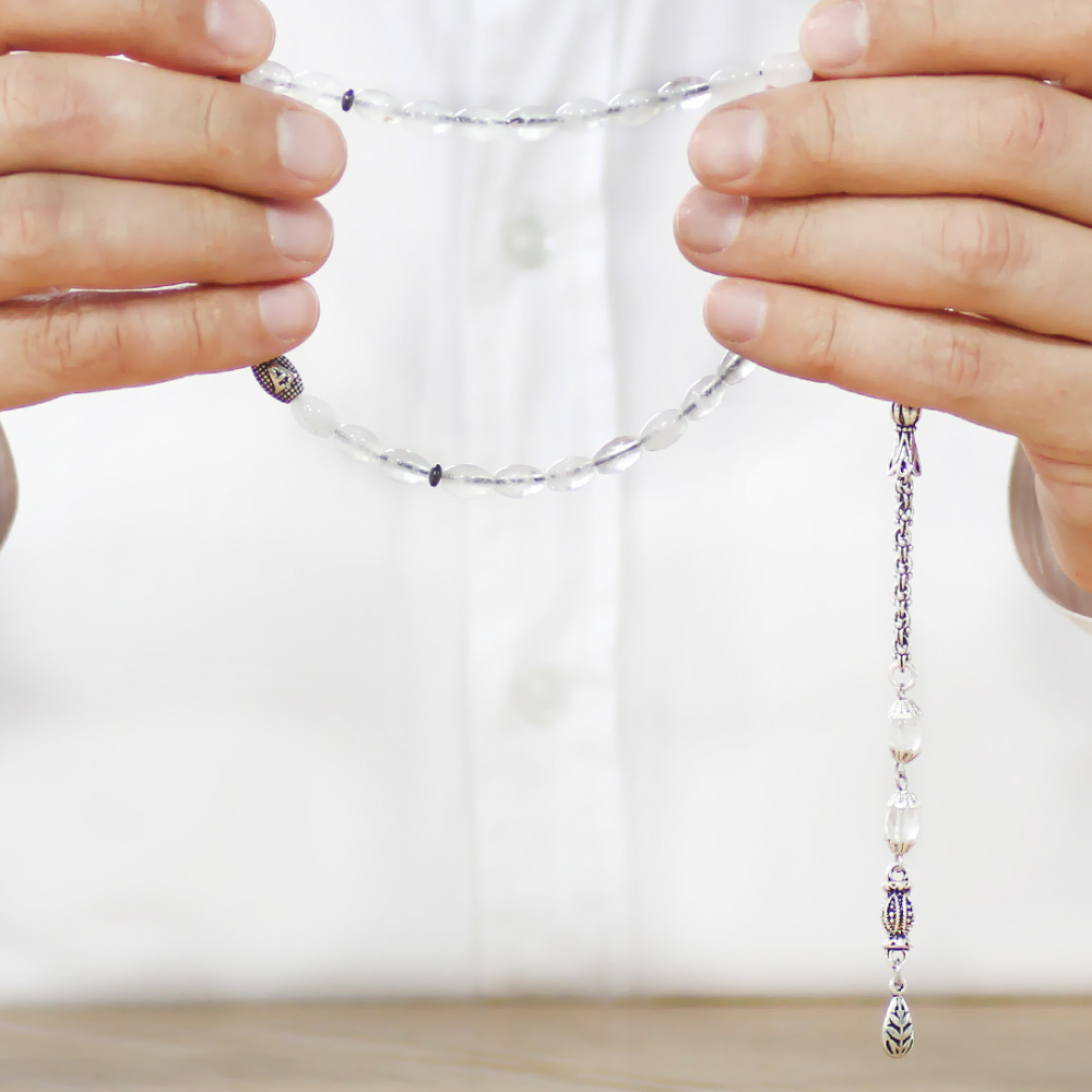 Doğaltaş Kuvars Tesbih - Kararmaz Metal Arnavut Püsküllü - Kişiye Özel İsim Yazılı - Arpa Kesim - 3