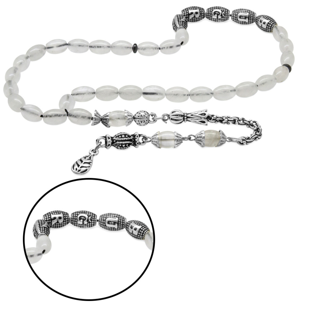 Doğaltaş Kuvars Tesbih - Kararmaz Metal Arnavut Püsküllü - Kişiye Özel İsim Yazılı - Arpa Kesim - 4