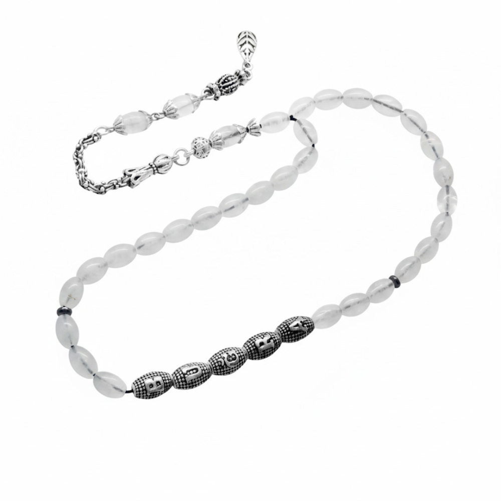 Doğaltaş Kuvars Tesbih - Kararmaz Metal Arnavut Püsküllü - Kişiye Özel İsim Yazılı - Arpa Kesim - 7