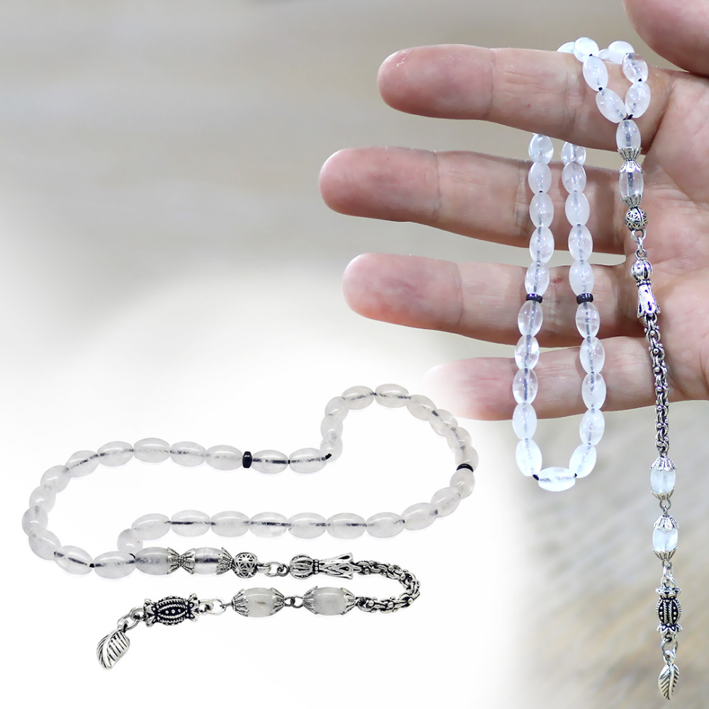 Doğaltaş Kuvars Tesbih - Kararmaz Metal Arnavut Zincir Püsküllü - Beyaz Renk - Arpa Kesim - 1