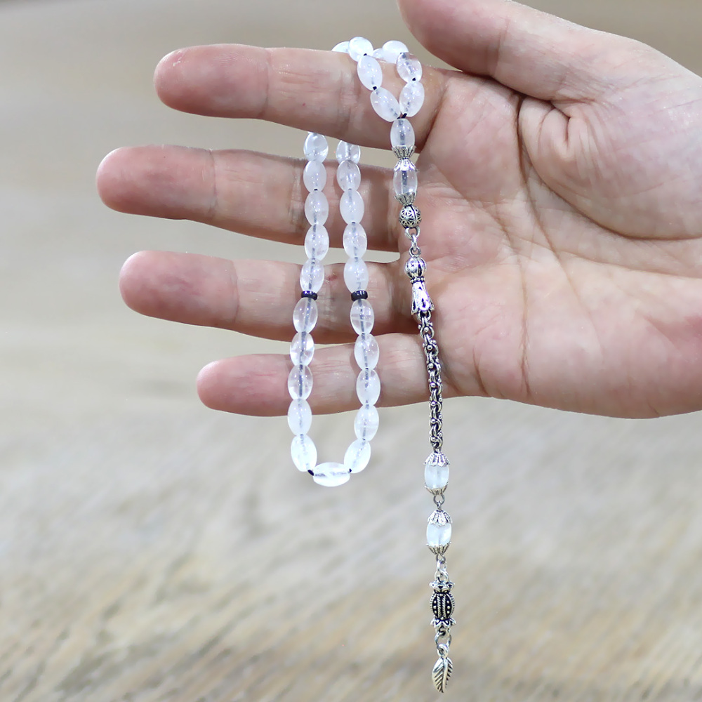 Doğaltaş Kuvars Tesbih - Kararmaz Metal Arnavut Zincir Püsküllü - Beyaz Renk - Arpa Kesim - 2