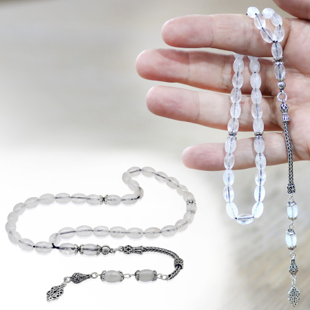 Doğaltaş Kuvars Tesbih - 925 Ayar Gümüş Püsküllü - Beyaz Renk - Arpa Kesim - Tesbihane