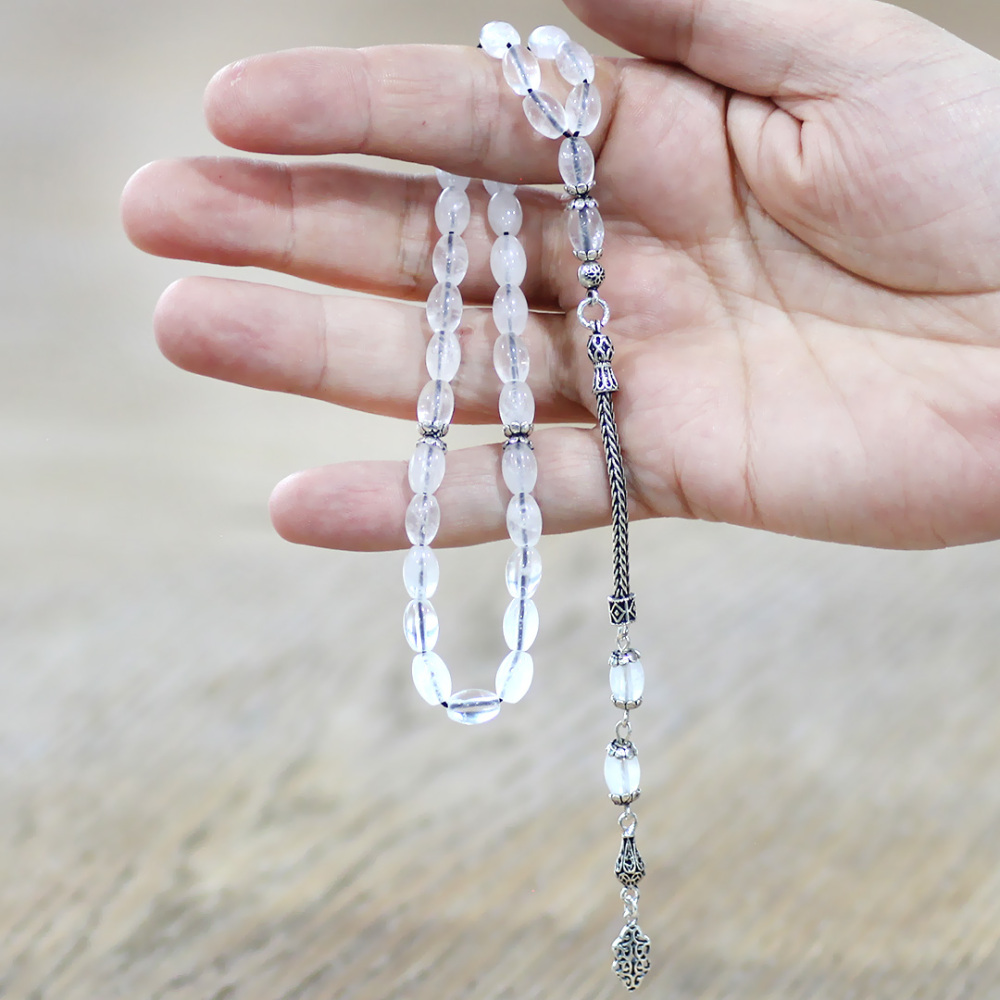 Doğaltaş Kuvars Tesbih - 925 Ayar Gümüş Püsküllü - Beyaz Renk - Arpa Kesim - 2