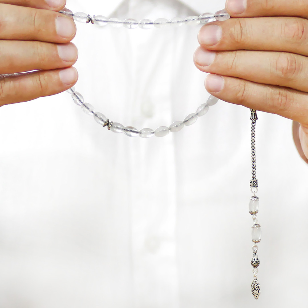 Doğaltaş Kuvars Tesbih - 925 Ayar Gümüş Püsküllü - Beyaz Renk - Arpa Kesim - 3