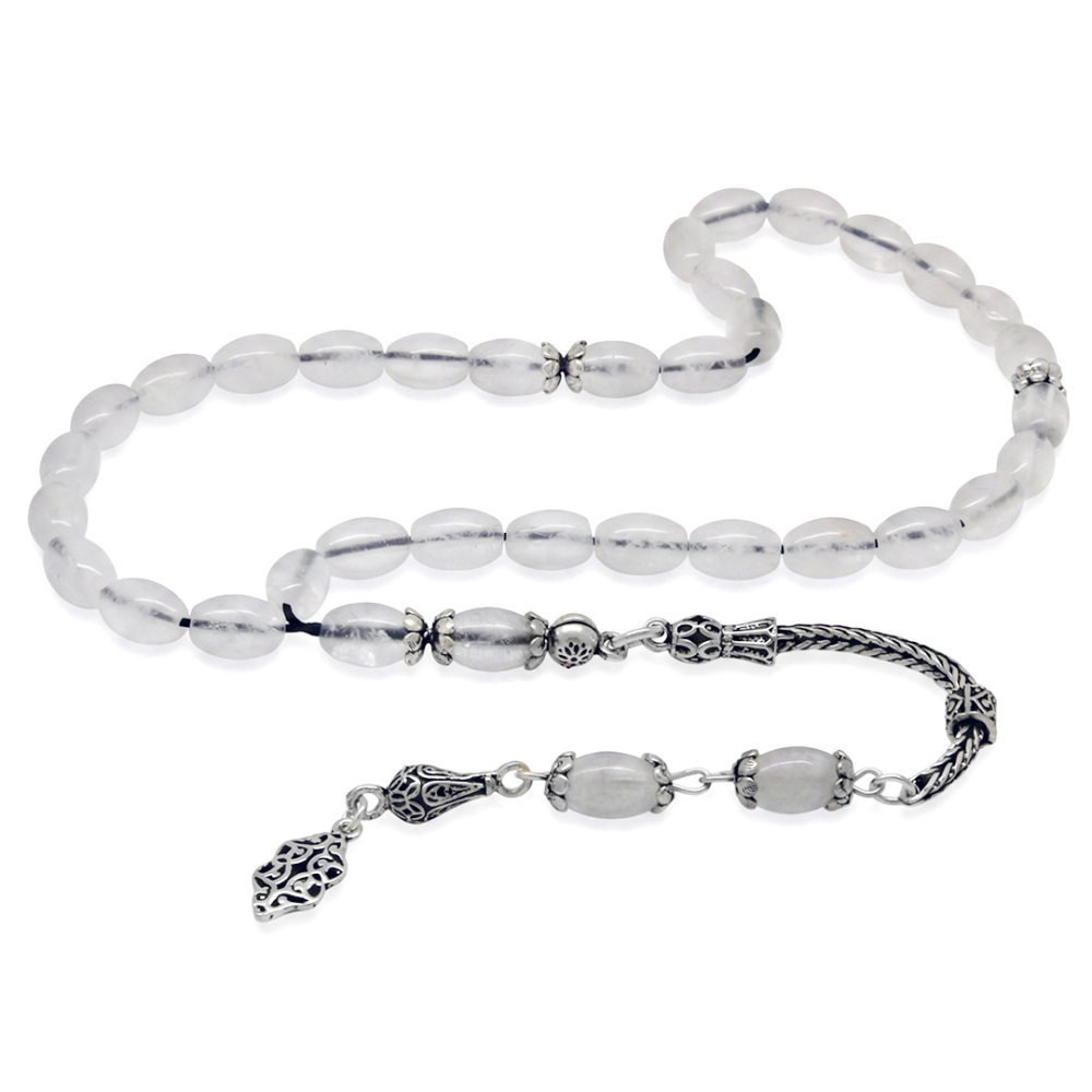 Doğaltaş Kuvars Tesbih - 925 Ayar Gümüş Püsküllü - Beyaz Renk - Arpa Kesim - 4