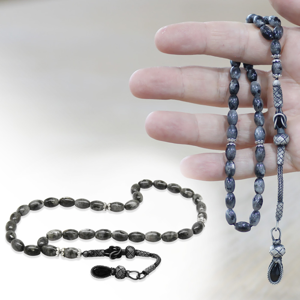 Doğaltaş Larvakit Tesbih - 1000 Ayar Gümüş Kazaz Püsküllü - Gri Beyaz Renk - Arpa Kesim - 1