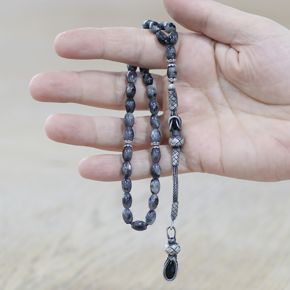 Doğaltaş Larvakit Tesbih - 1000 Ayar Gümüş Kazaz Püsküllü - Gri Beyaz Renk - Arpa Kesim - 2