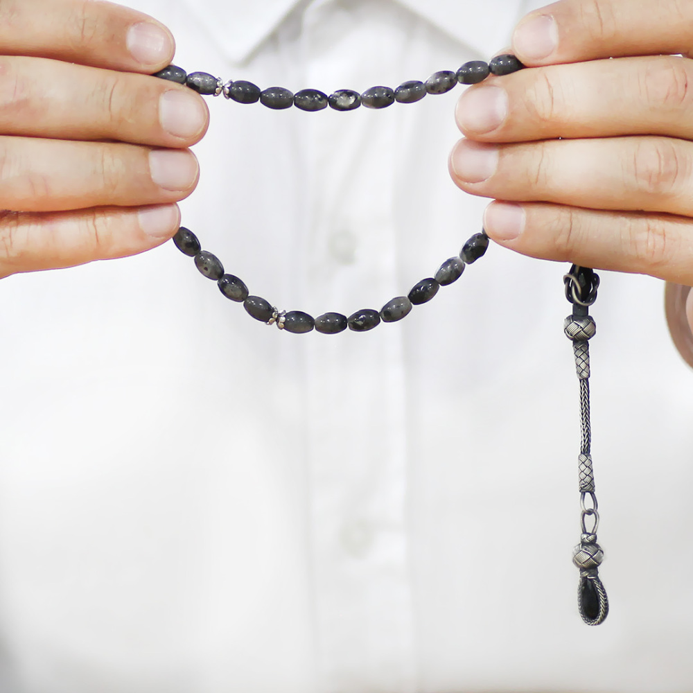 Doğaltaş Larvakit Tesbih - 1000 Ayar Gümüş Kazaz Püsküllü - Gri Beyaz Renk - Arpa Kesim - 3