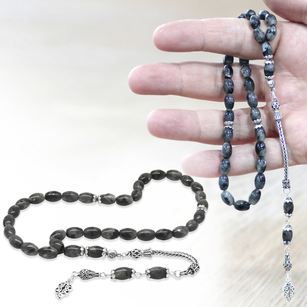 Doğaltaş Larvakit Tesbih - 925 Ayar Gümüş Püsküllü - Gri Beyaz Renk - Arpa Kesim - 1