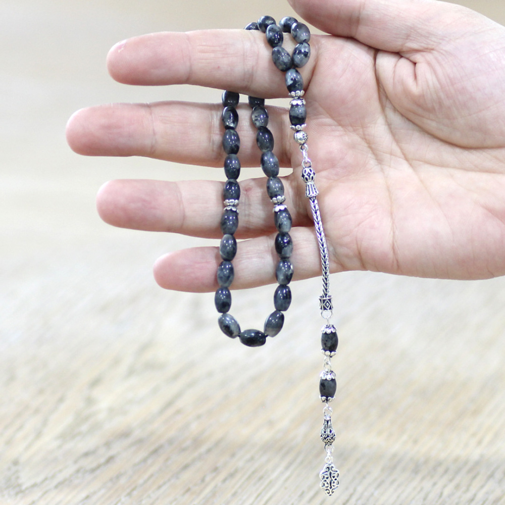 Doğaltaş Larvakit Tesbih - 925 Ayar Gümüş Püsküllü - Gri Beyaz Renk - Arpa Kesim - 2