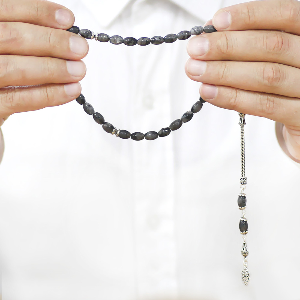 Doğaltaş Larvakit Tesbih - 925 Ayar Gümüş Püsküllü - Gri Beyaz Renk - Arpa Kesim - 3