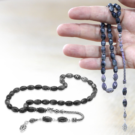 Doğaltaş Larvakit Tesbih - 925 Ayar Gümüş Püsküllü - Kişiye Özel İsim Yazılı - Arpa Kesim - Tesbihane