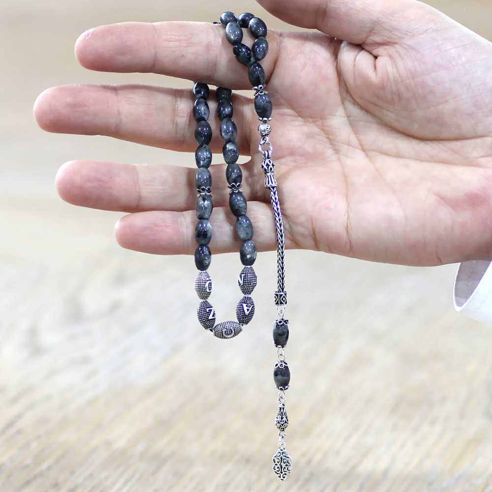 Doğaltaş Larvakit Tesbih - 925 Ayar Gümüş Püsküllü - Kişiye Özel İsim Yazılı - Arpa Kesim - 2