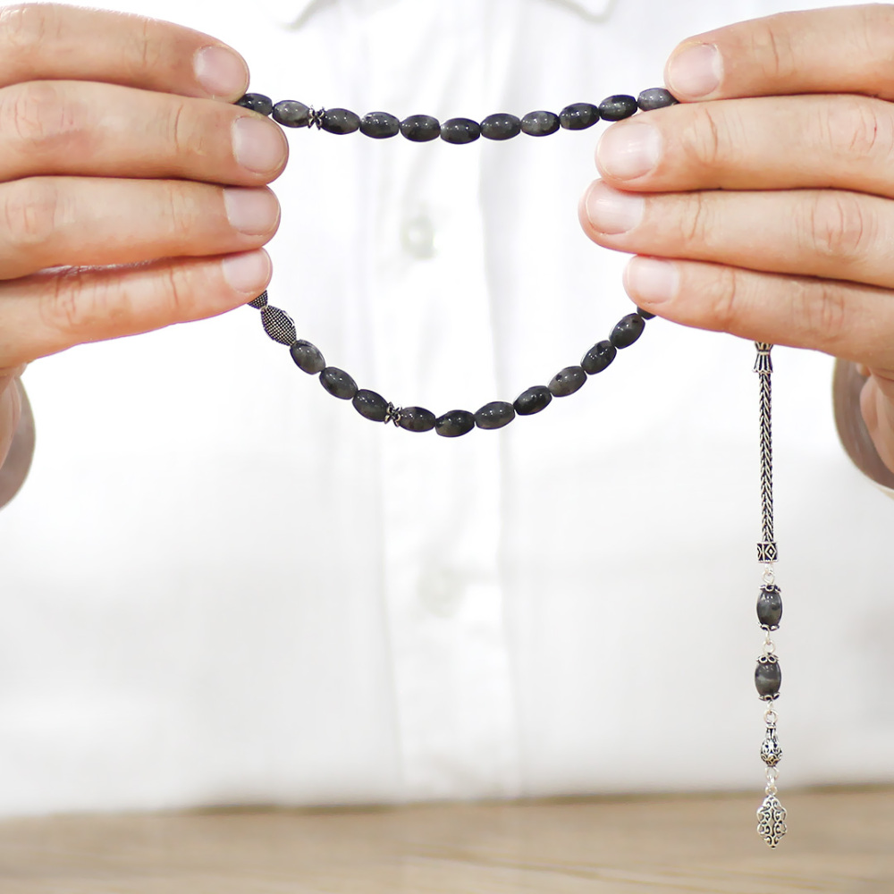 Doğaltaş Larvakit Tesbih - 925 Ayar Gümüş Püsküllü - Kişiye Özel İsim Yazılı - Arpa Kesim - 3