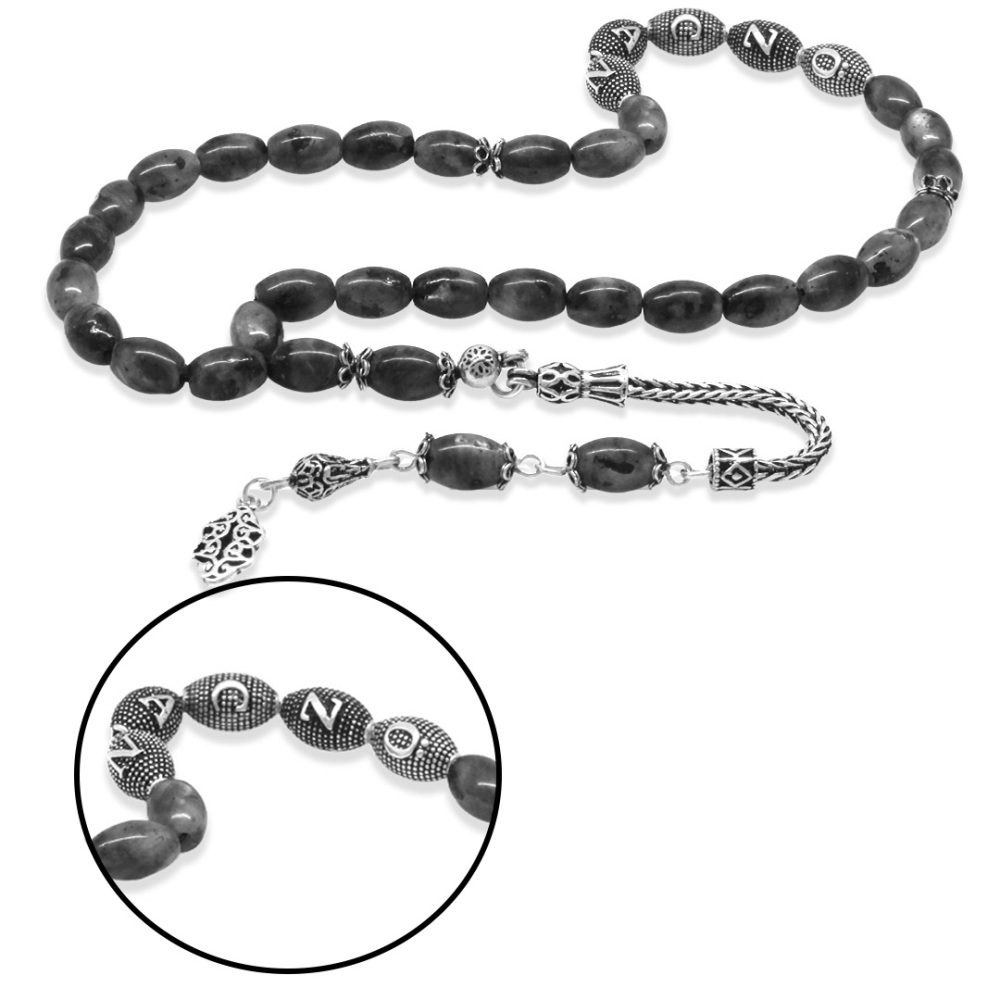 Doğaltaş Larvakit Tesbih - 925 Ayar Gümüş Püsküllü - Kişiye Özel İsim Yazılı - Arpa Kesim - 4