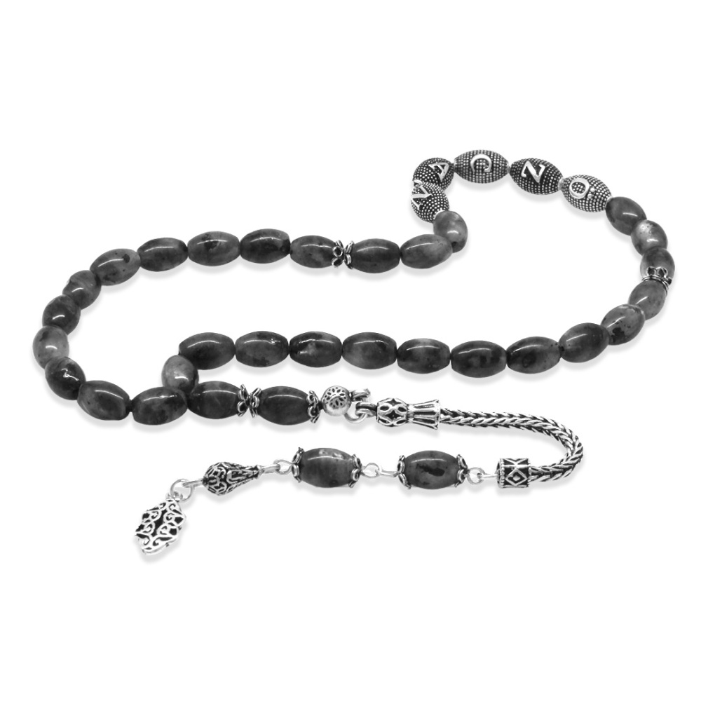 Doğaltaş Larvakit Tesbih - 925 Ayar Gümüş Püsküllü - Kişiye Özel İsim Yazılı - Arpa Kesim - 5