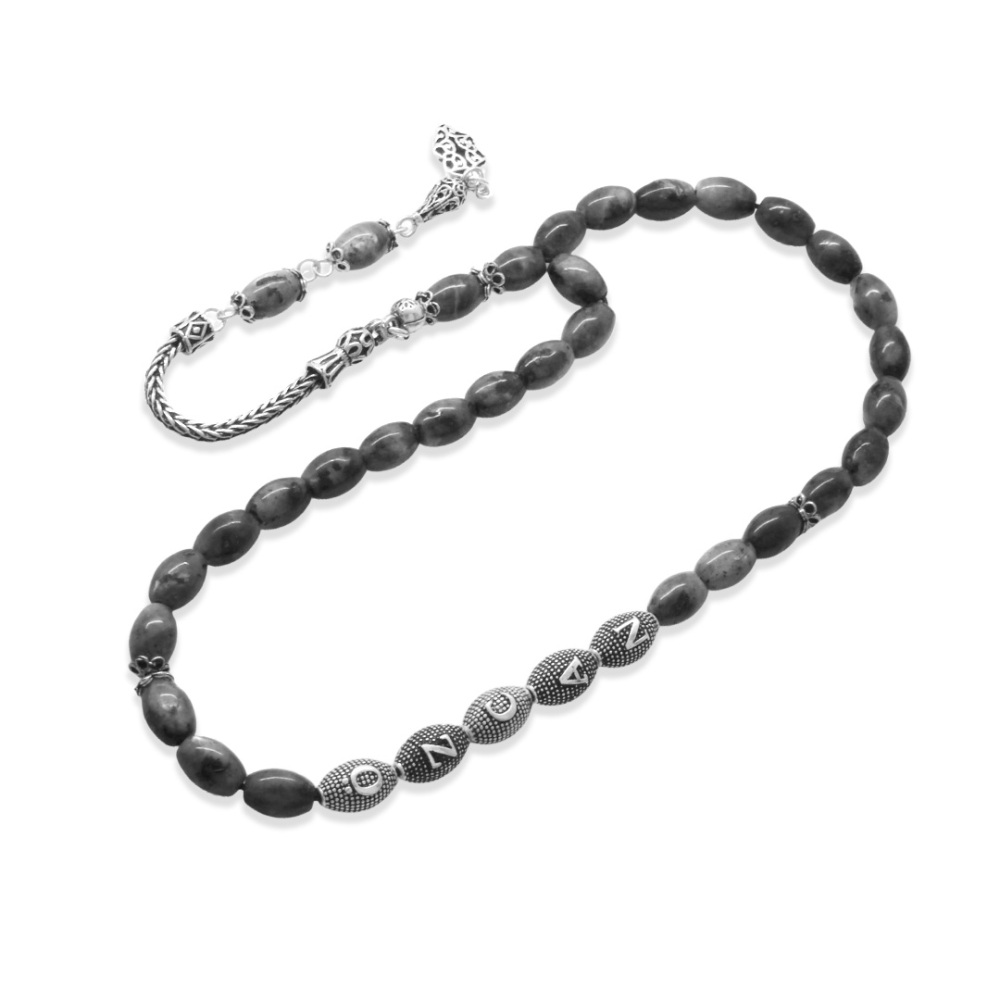 Doğaltaş Larvakit Tesbih - 925 Ayar Gümüş Püsküllü - Kişiye Özel İsim Yazılı - Arpa Kesim - 6