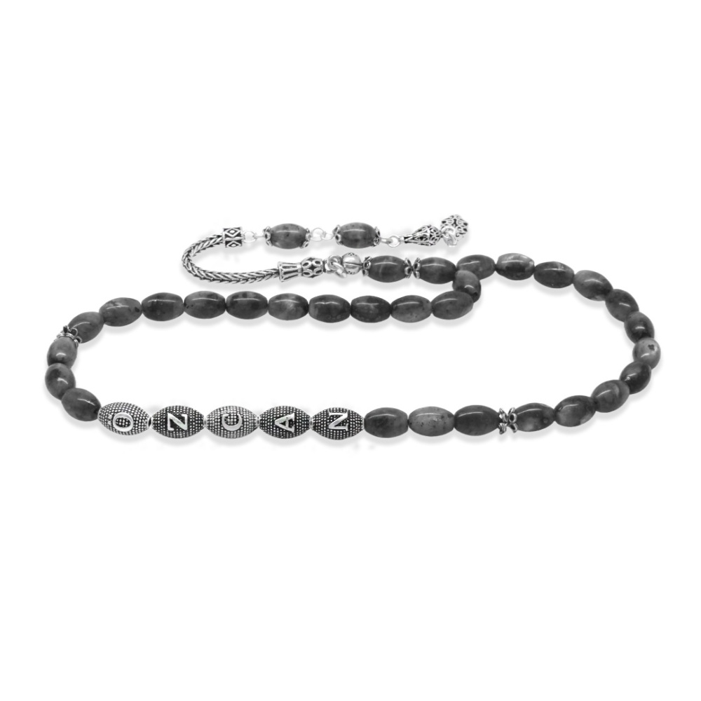 Doğaltaş Larvakit Tesbih - 925 Ayar Gümüş Püsküllü - Kişiye Özel İsim Yazılı - Arpa Kesim - 7