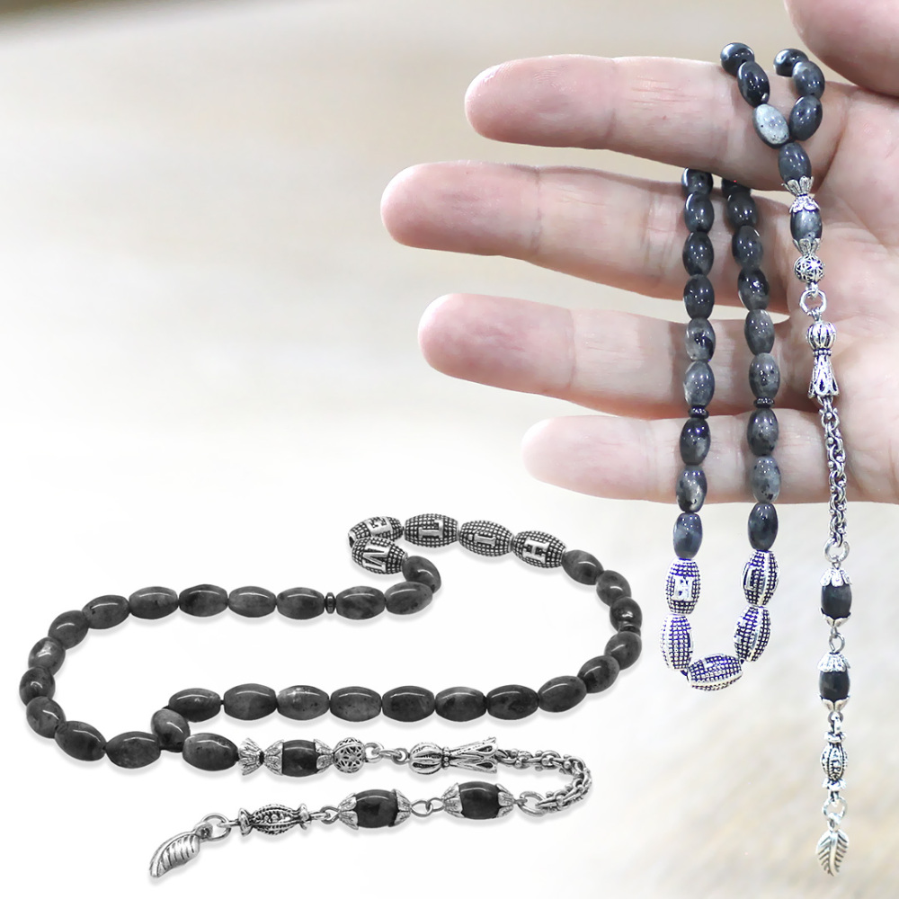 Doğaltaş Larvakit Tesbih - Kararmaz Metal Arnavut Püsküllü - Kişiye Özel İsim Yazılı - Arpa Kesim - 1