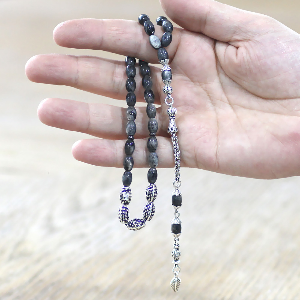 Doğaltaş Larvakit Tesbih - Kararmaz Metal Arnavut Püsküllü - Kişiye Özel İsim Yazılı - Arpa Kesim - 2