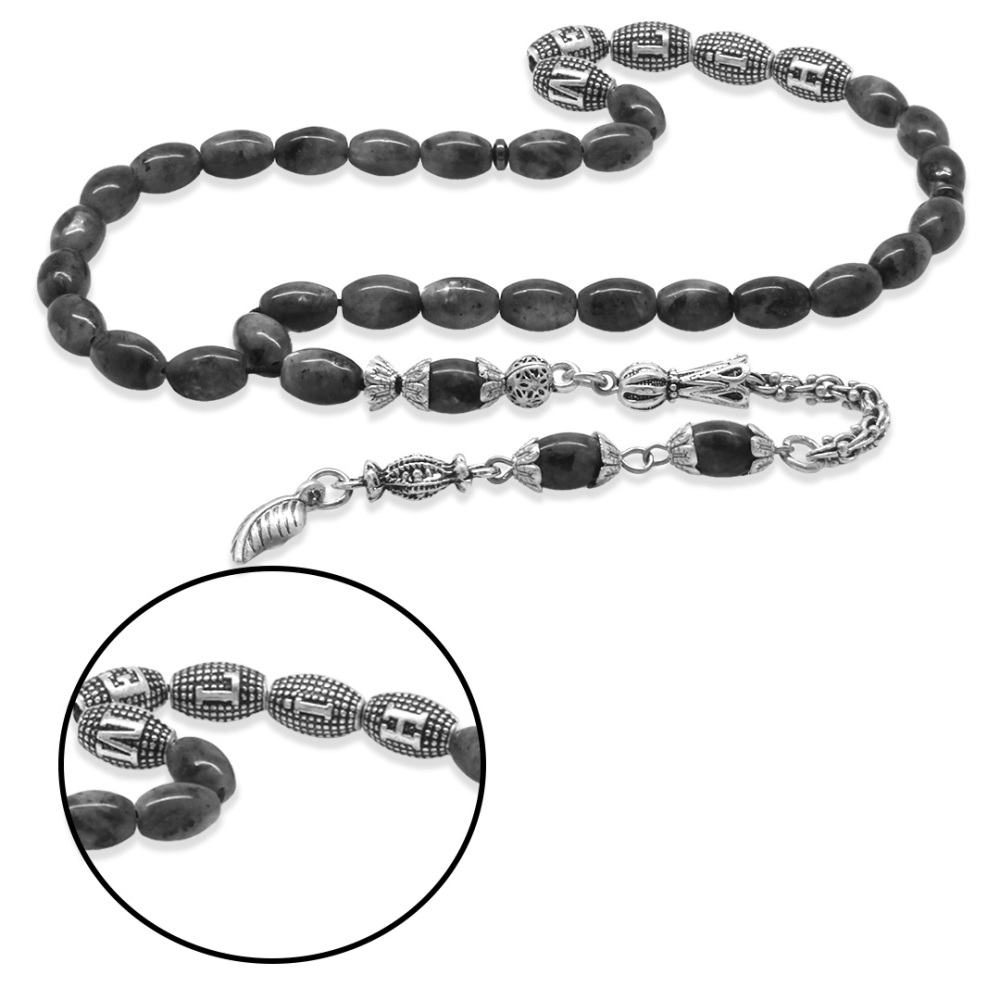 Doğaltaş Larvakit Tesbih - Kararmaz Metal Arnavut Püsküllü - Kişiye Özel İsim Yazılı - Arpa Kesim - 4