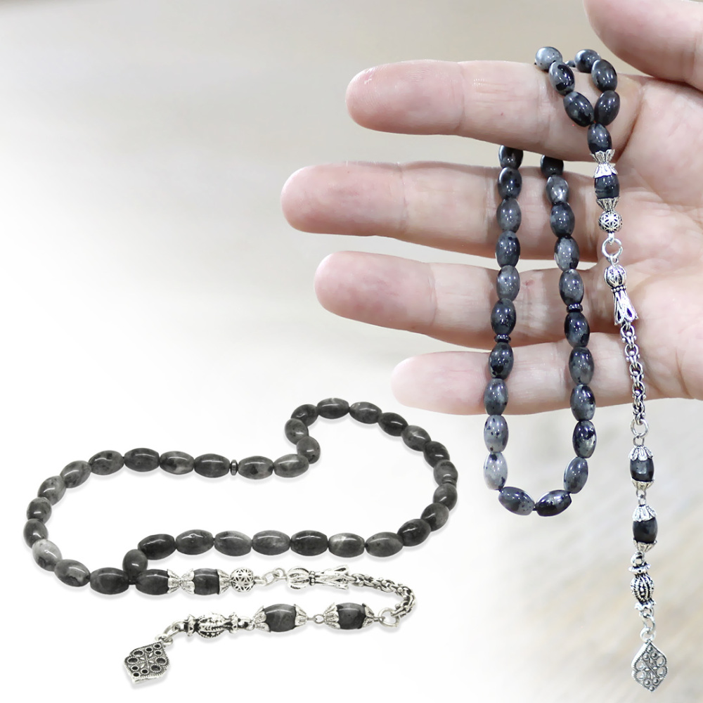 Doğaltaş Larvakit Tesbih - Kararmaz Metal Arnavut Zincir Püsküllü - Gri Beyaz Renk - Arpa Kesim - 1