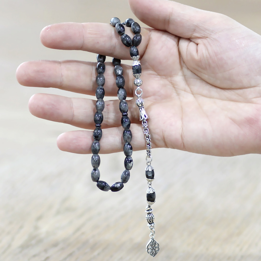 Doğaltaş Larvakit Tesbih - Kararmaz Metal Arnavut Zincir Püsküllü - Gri Beyaz Renk - Arpa Kesim - 2