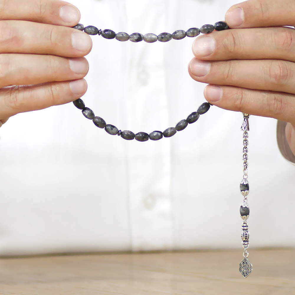 Doğaltaş Larvakit Tesbih - Kararmaz Metal Arnavut Zincir Püsküllü - Gri Beyaz Renk - Arpa Kesim - 3