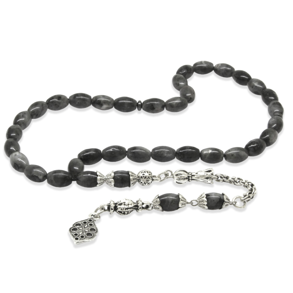 Doğaltaş Larvakit Tesbih - Kararmaz Metal Arnavut Zincir Püsküllü - Gri Beyaz Renk - Arpa Kesim - 4