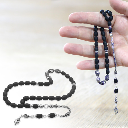 Doğaltaş Mat Oniks Tesbih - 925 Ayar Gümüş Püsküllü - Kişiye Özel İsim Yazılı - Arpa Kesim - Tesbihane