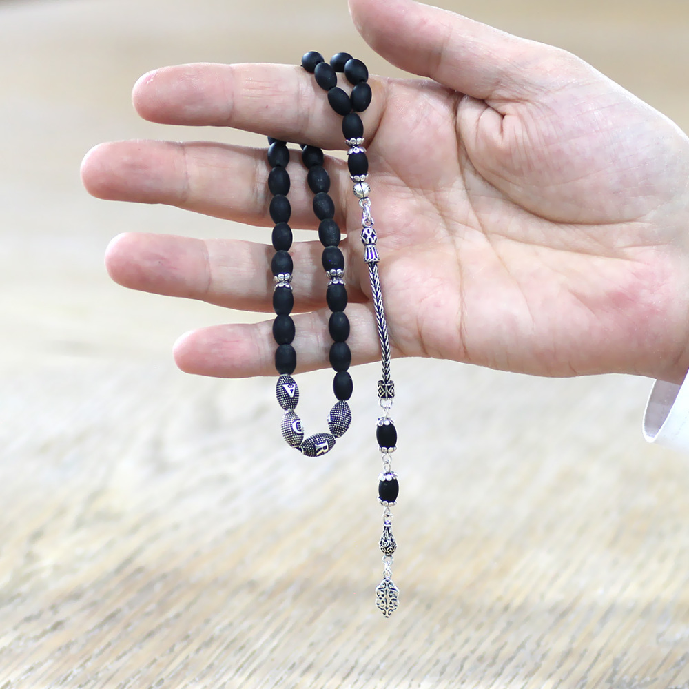 Doğaltaş Mat Oniks Tesbih - 925 Ayar Gümüş Püsküllü - Kişiye Özel İsim Yazılı - Arpa Kesim - 2