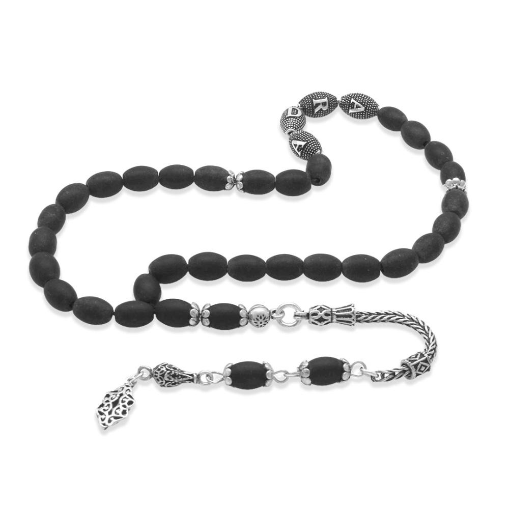 Doğaltaş Mat Oniks Tesbih - 925 Ayar Gümüş Püsküllü - Kişiye Özel İsim Yazılı - Arpa Kesim - 5